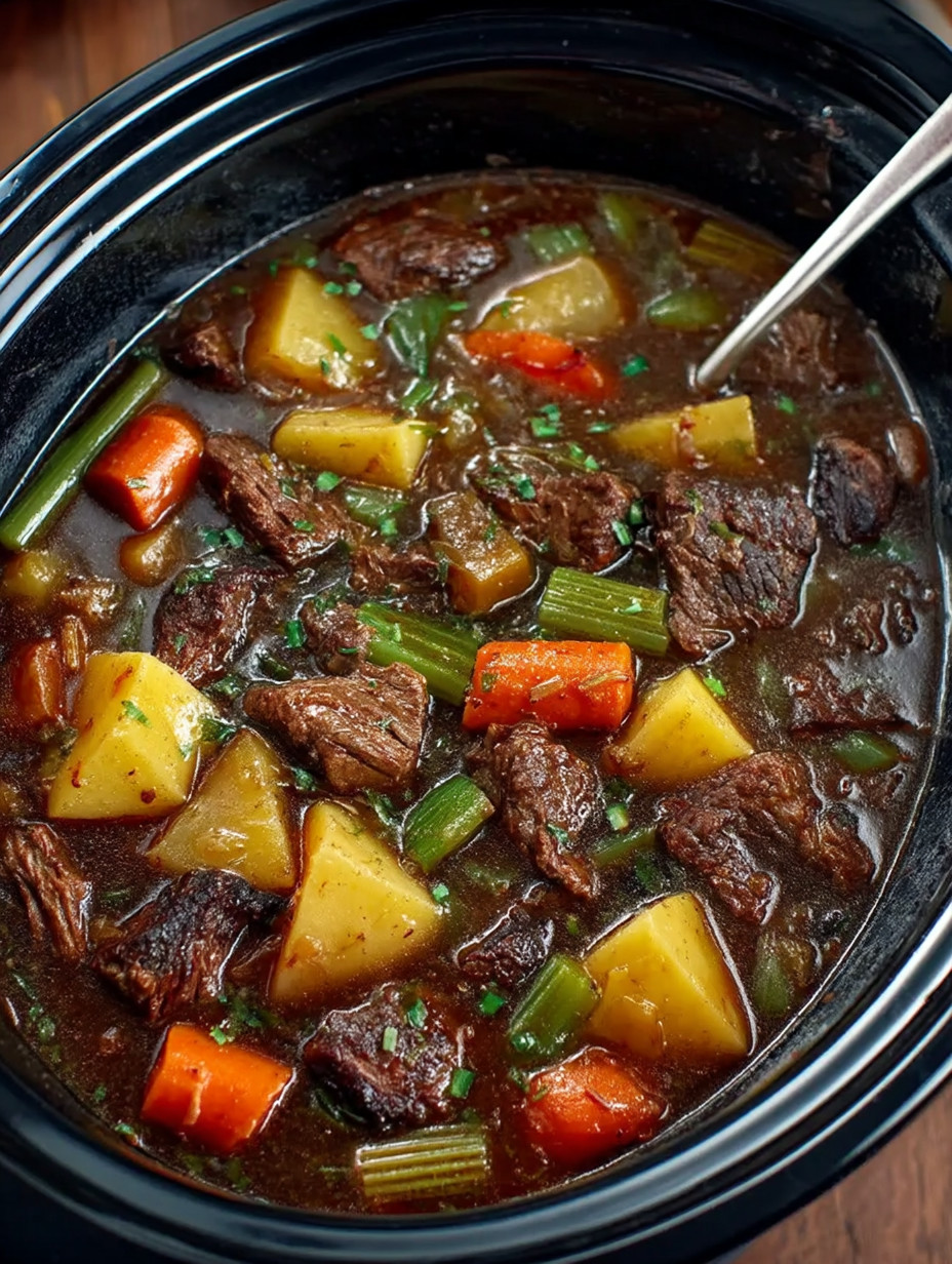 A bowl of beef stew with carrots and celery.