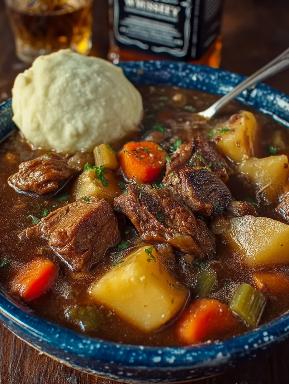 A bowl of soup with meat and vegetables.