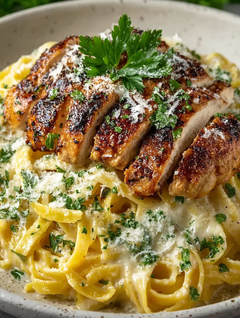A plate of chicken and pasta.
