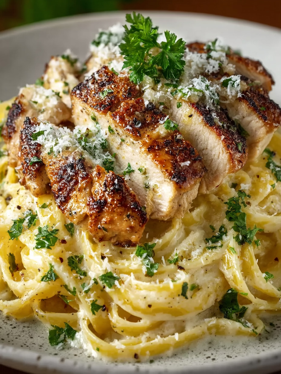 A plate of pasta with chicken on top.
