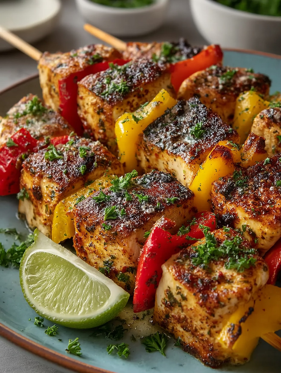 A plate of food with chicken, peppers, and limes.