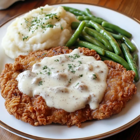 A plate of food with chicken fried steak and green beans.