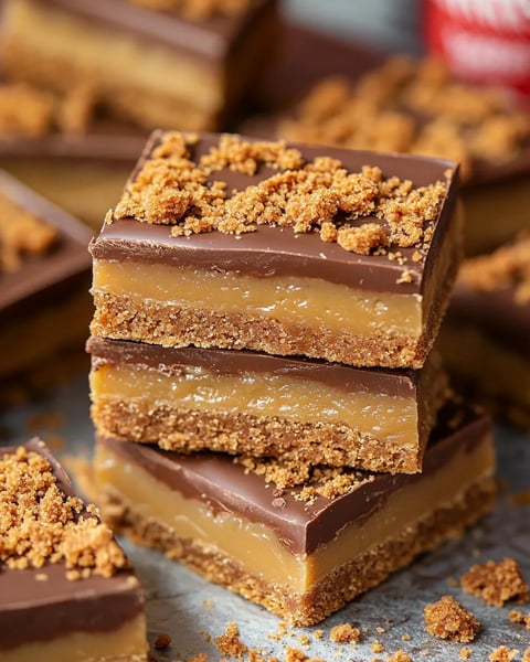 A stack of three Biscoff Millionaires Traybake bars.