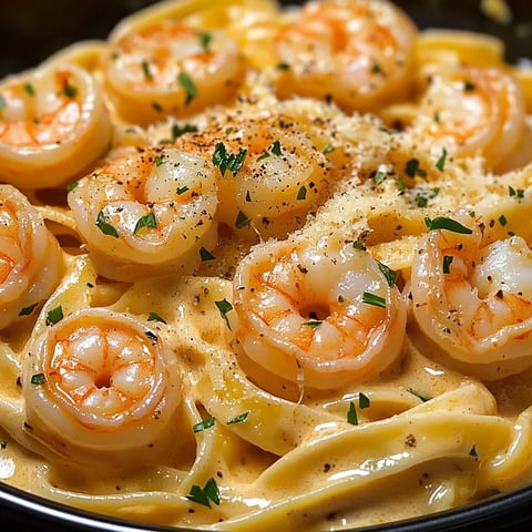 A bowl of creamy garlic shrimp pasta.