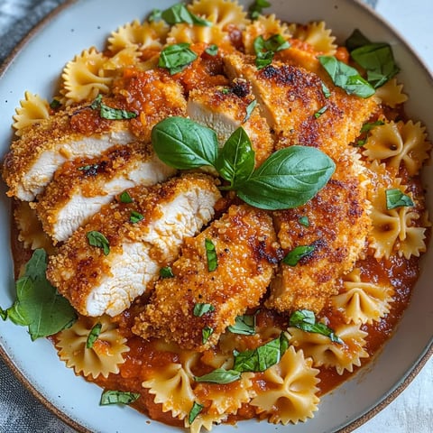 A plate of chicken and pasta with green leaves on top.