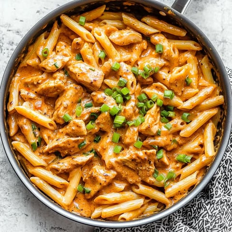A bowl of pasta with chicken and cream sauce.