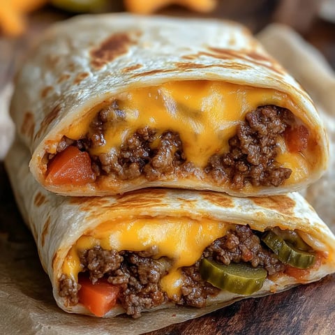Two cheeseburger wraps with cheese and vegetables.