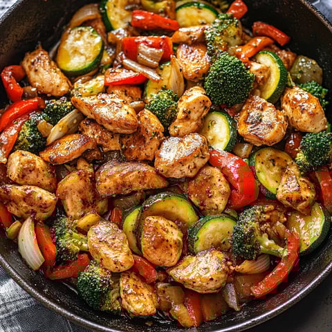 A skillet filled with chicken and vegetables.