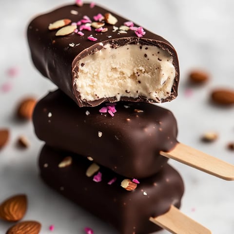 A stack of chocolate ice cream bars with almonds on top.