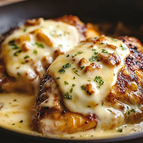 A dish of smothered chicken with cheese and herbs.