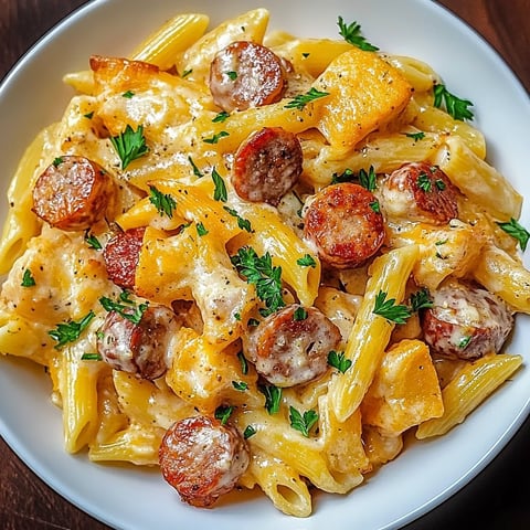 A bowl of pasta with sausage and cheese.