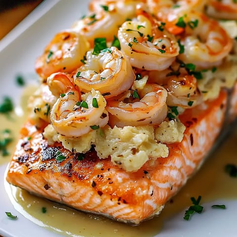 A piece of cooked salmon with crab and shrimp stuffing.