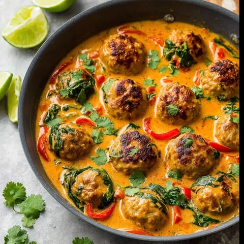 A bowl of chicken meatballs in a coconut curry sauce.