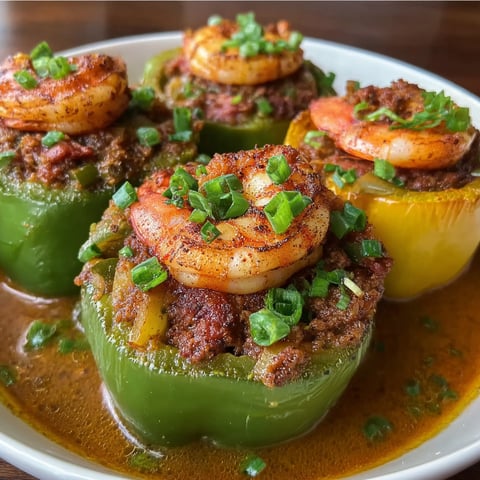 A plate of food with shrimp and peppers.
