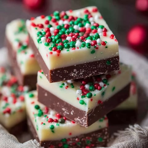 A stack of chocolate and white cake bars with red and green sprinkles.