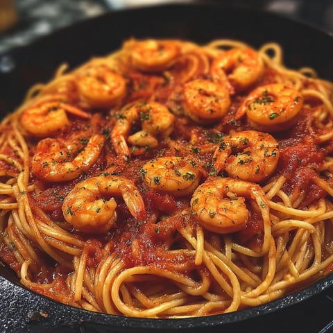 A bowl of shrimp and spaghetti.