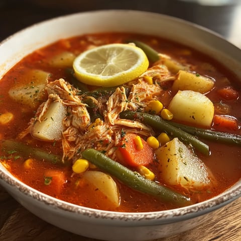 A bowl of soup with vegetables and a lemon wedge.
