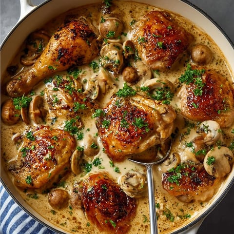 A bowl of chicken with mushrooms and herbs.