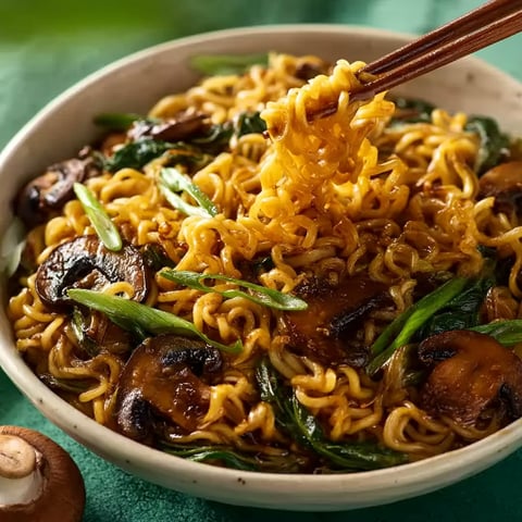 A bowl of noodles with mushrooms and green onions.