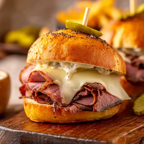 A sandwich with meat and cheese on a wooden table.